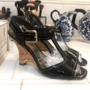 Etienne Aigner Patent Brown T Strap Wedges 6.5